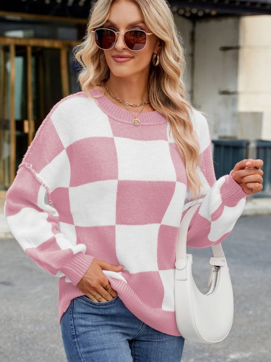 Checkered Round Neck Long Sleeve Sweater - Love Salve